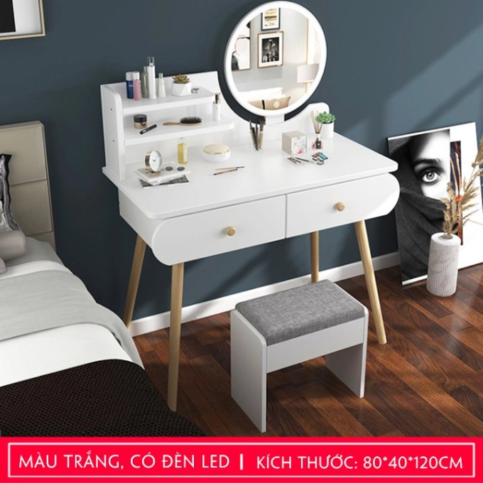 Bàn trang điểm LED 2 ngăn kéo Funa AK02, phong cách hiện đại với màu trắng