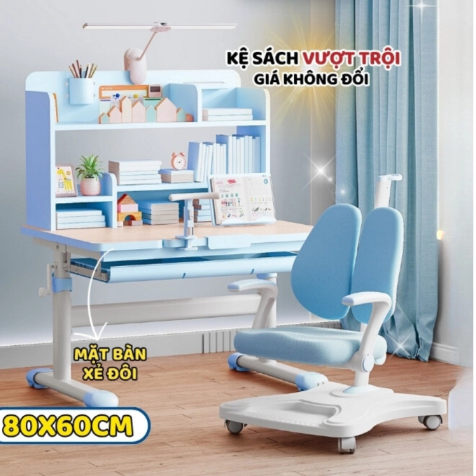 Bộ bàn học kèm ghế chống gù chống cận Sakawin S89 Có giá sách nâng cấp Mặt bàn xẻ đôi thông minh Size 80cm