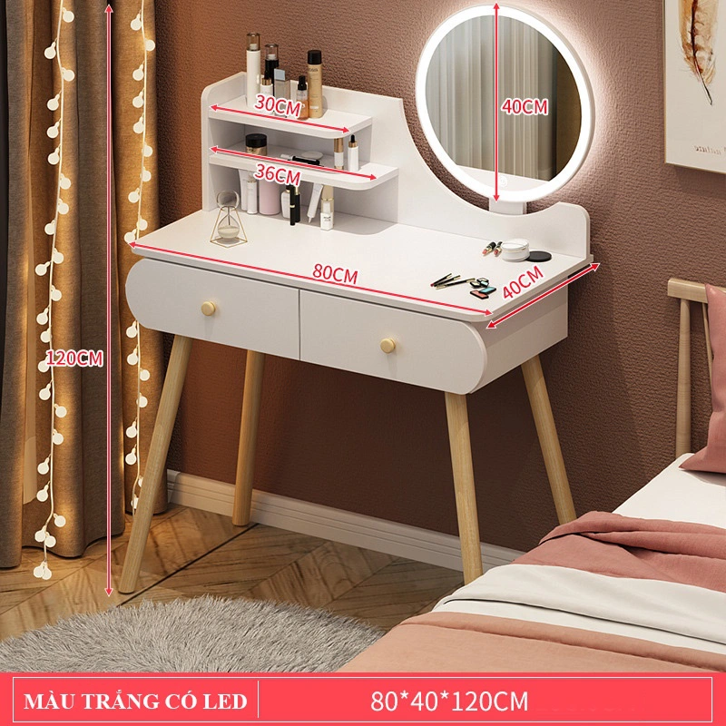 Bàn trang điểm LED 2 ngăn kéo Funa AK02, phong cách hiện đại với màu trắng
